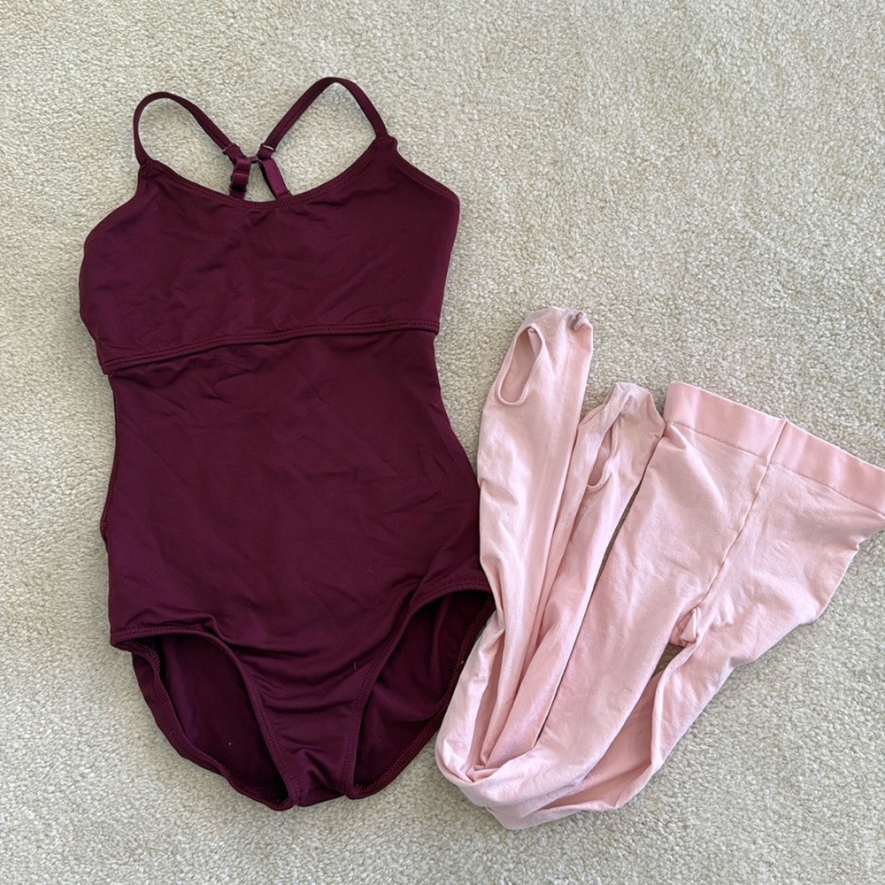 Eurotard burgundy (size L) and capezio pink tights (8-12)